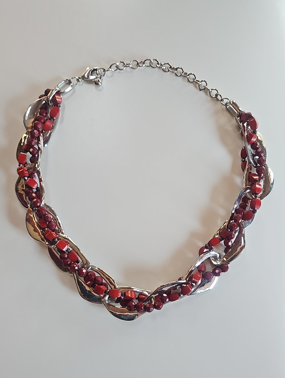 Red Beaded Braided Silver Necklace - Women Jewelry
